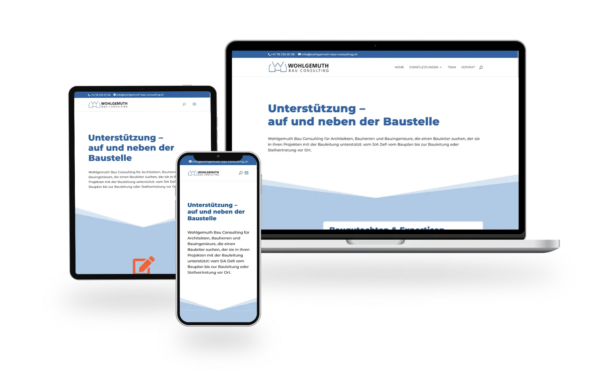 Verschiedene Geräte mit Website der Wohlgemuth Bau Consulting