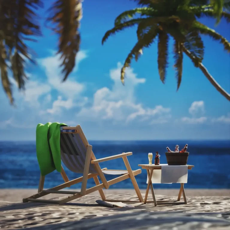 Bierflaschen am Strand unter Palme. 3D-Visualisierung